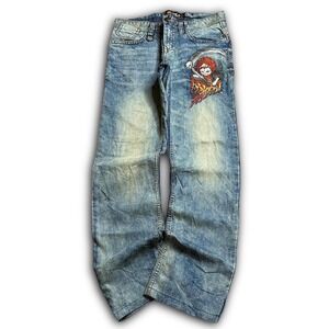 Jizo‎ Bosatsu Vintage Y2K Baggy Denim Emrboidered Distressed Wash Jeans 36x32